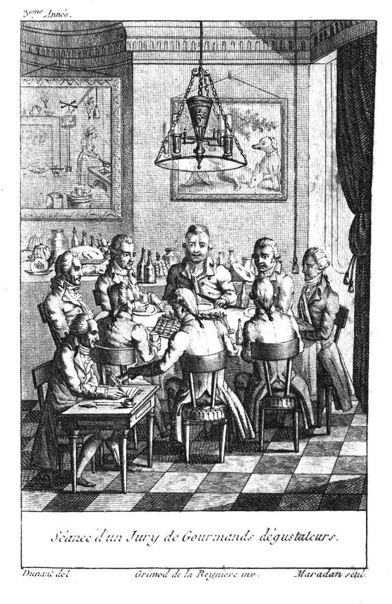 Frontispice de l'Almanach des gourmands de 1805 : un jury de gourmands en habit déguste autour d'une table pendant qu'un secrétaire prend des notes