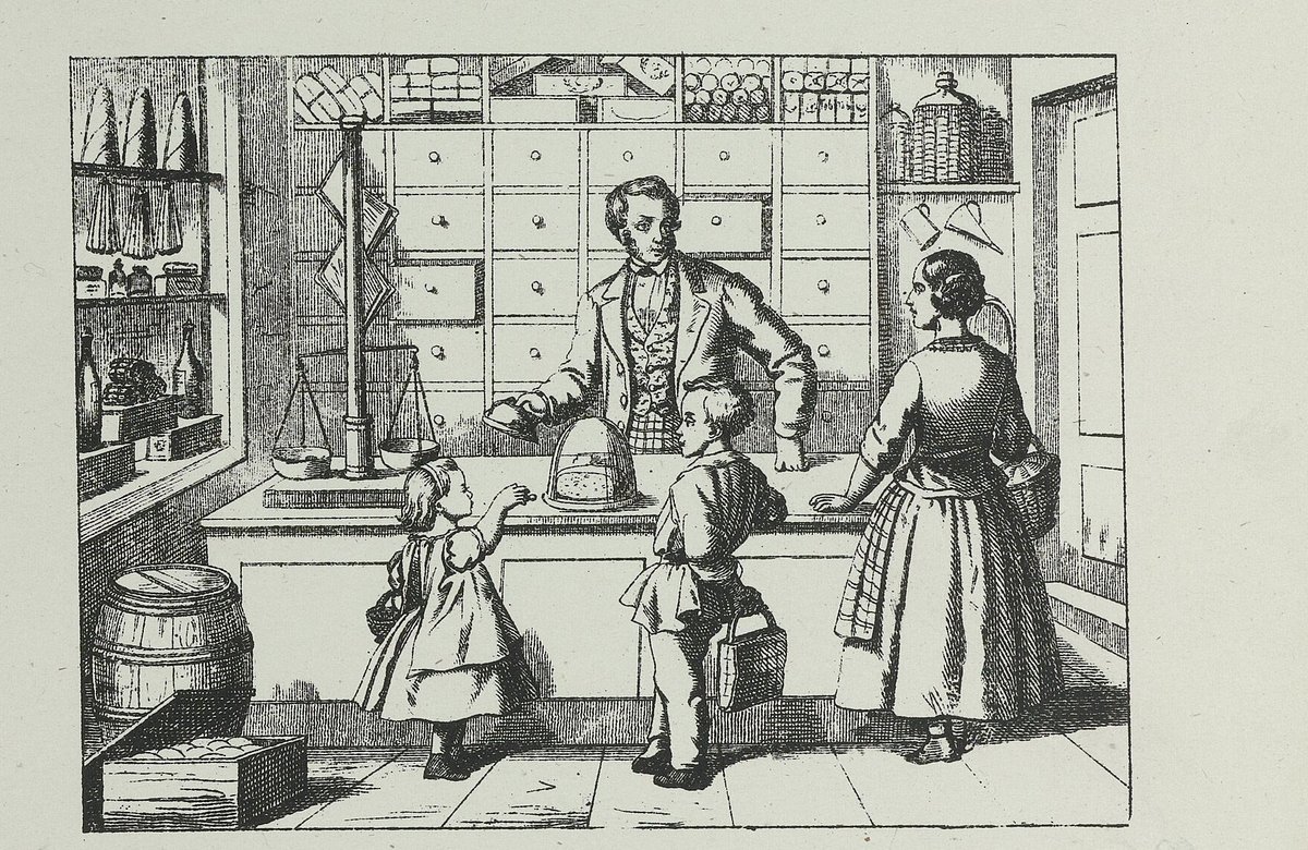 Gravure de 1873 montrant un épicier à son comptoir devant un mur de tiroirs, avec une balance, un tonneau et une cliente au panier